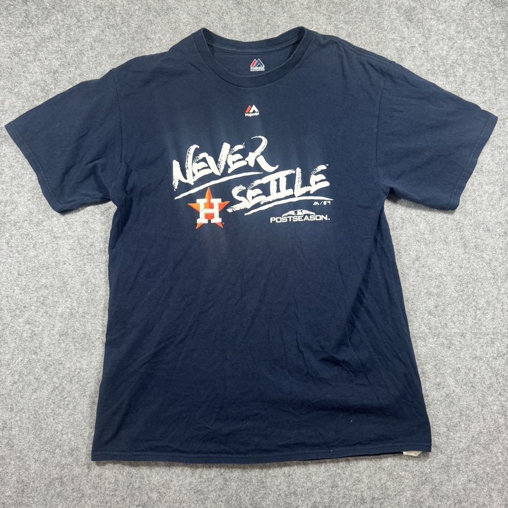 Majestic Houston Astros‎ Postseason T-Shirt L Navy Never Settle Graphic Cotton